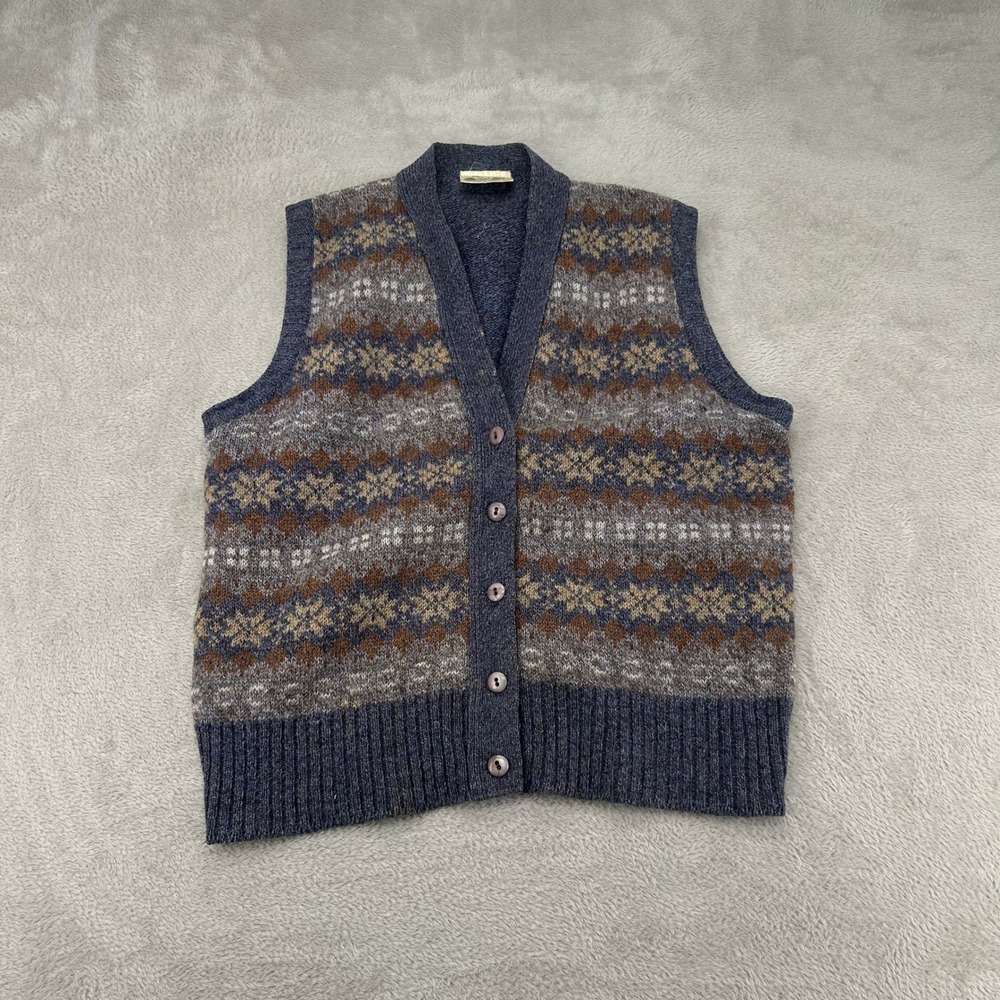 VTG Edinburgh Woollen Mill Shetland Wool Sweater Vest Mens L Blue Fair Isle